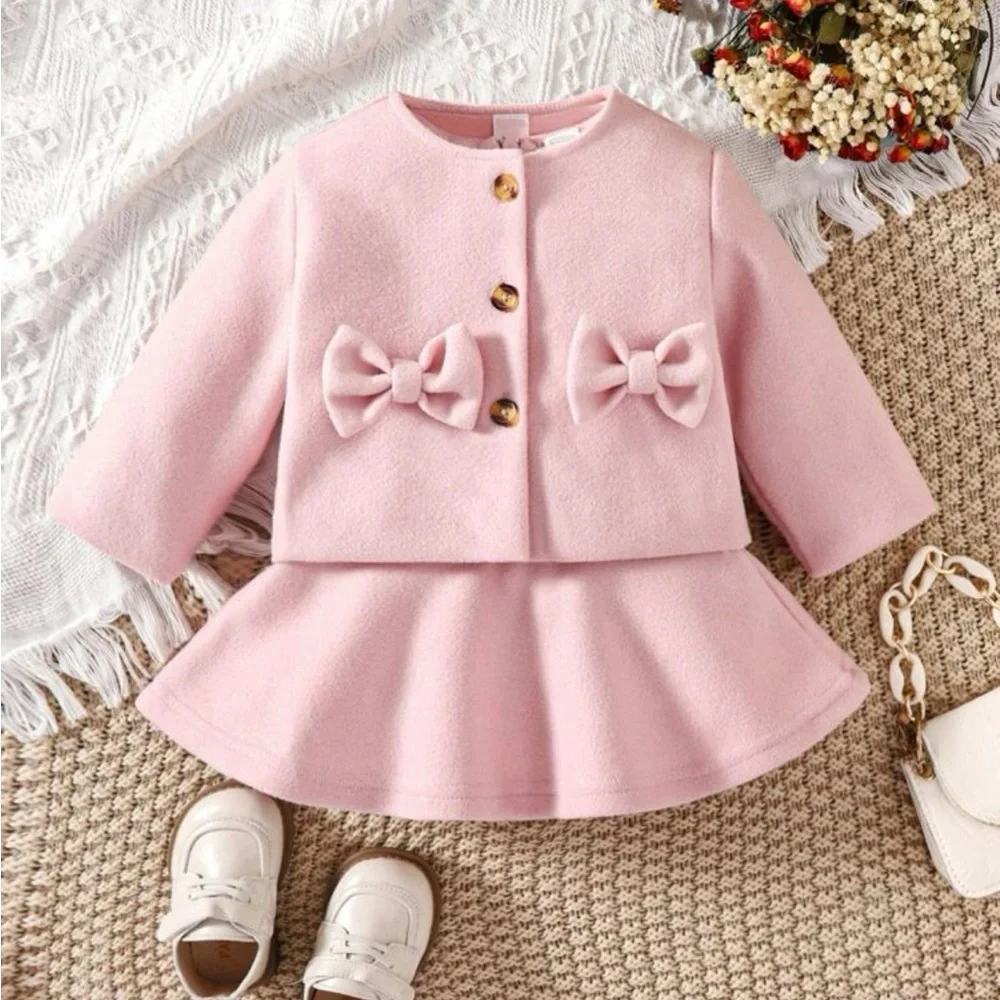 Toddler girls Bow Front pink Overcoat & Dress set - Picture 2 of 4